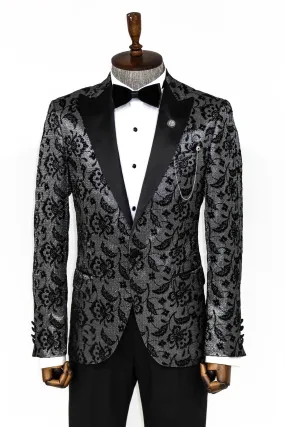 Floral Patterned Peak Lapel Smoked Men Dinner Party Blazer - Wessi