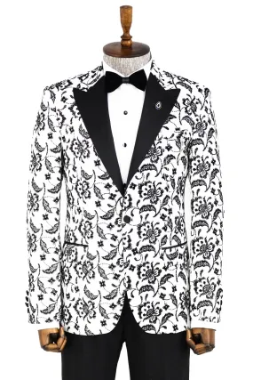 Floral Patterned Peak Lapel White Men  Wedding Tuxedo Blazer - Wessi