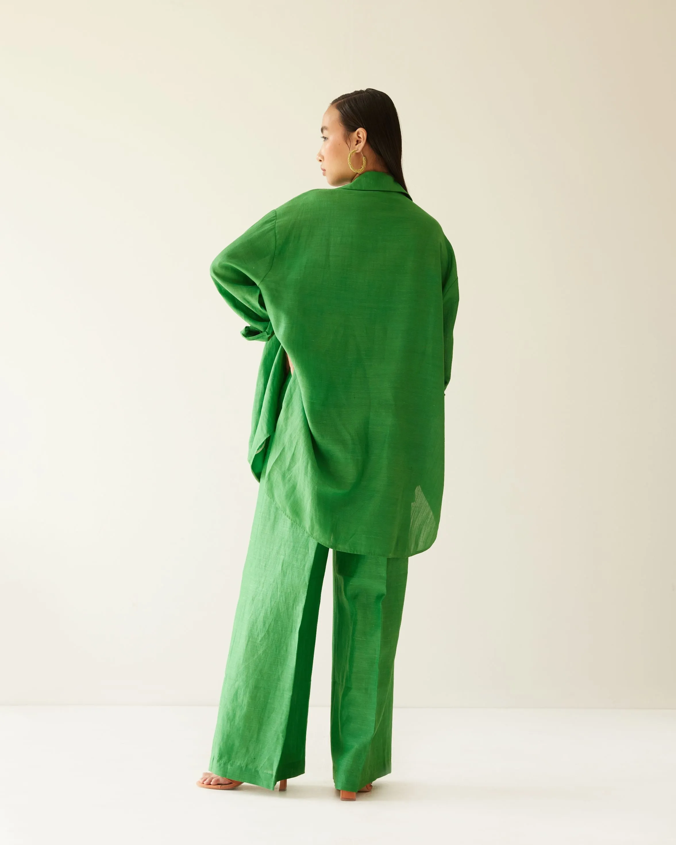 GREEN LINEN LINES OVERSIZED CO-ORD SET