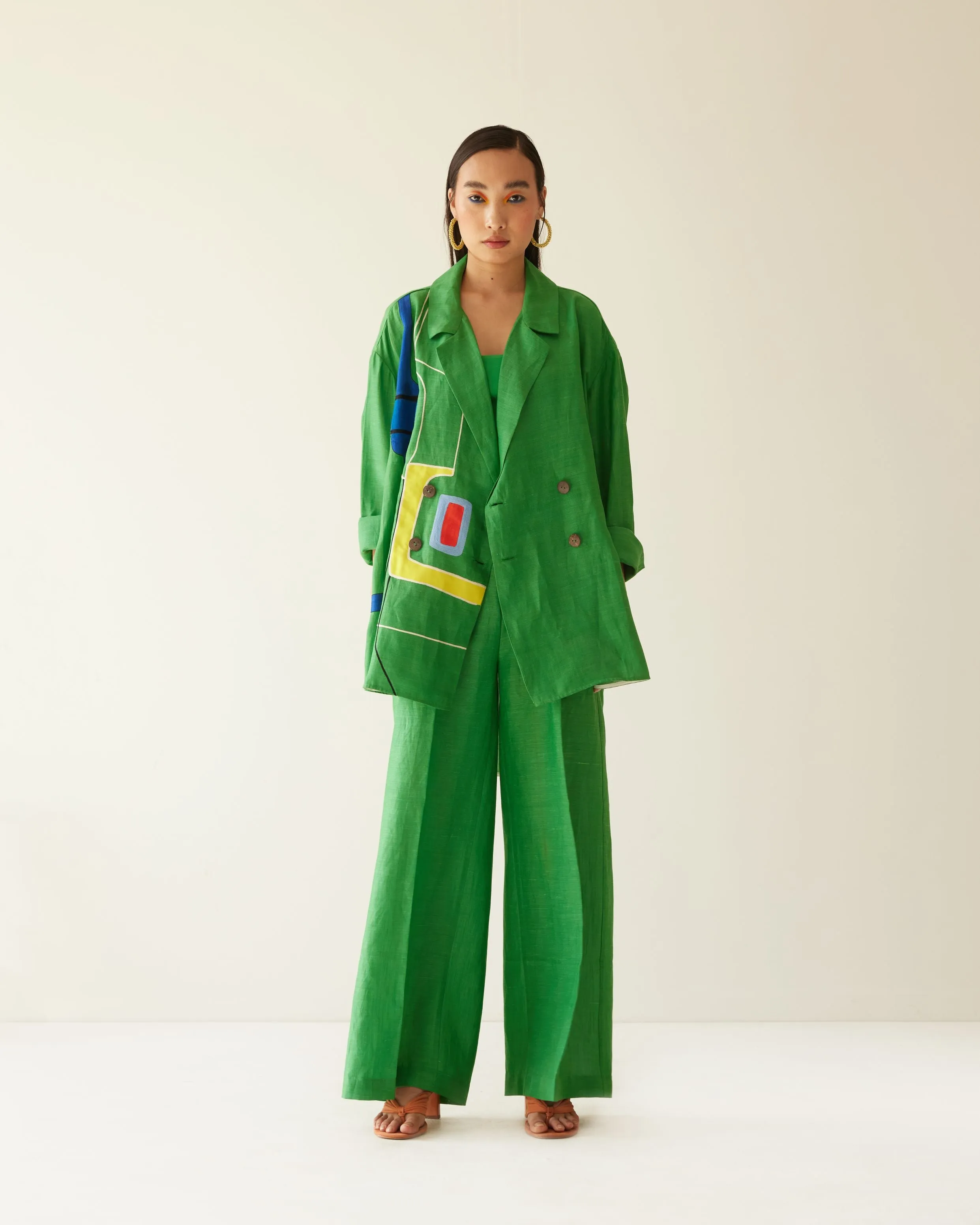 GREEN LINEN LINES OVERSIZED CO-ORD SET