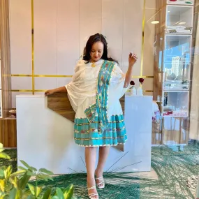 Green Mini Ethiopian Traditional Dress: Contemporary Look with Short Habesha Kemis Modern Eritrean Clothing