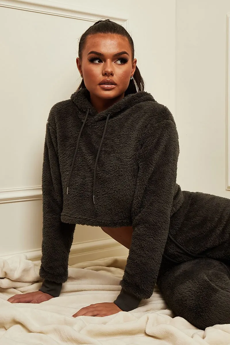 Grey Cropped Teddy Hoodie - Amyia