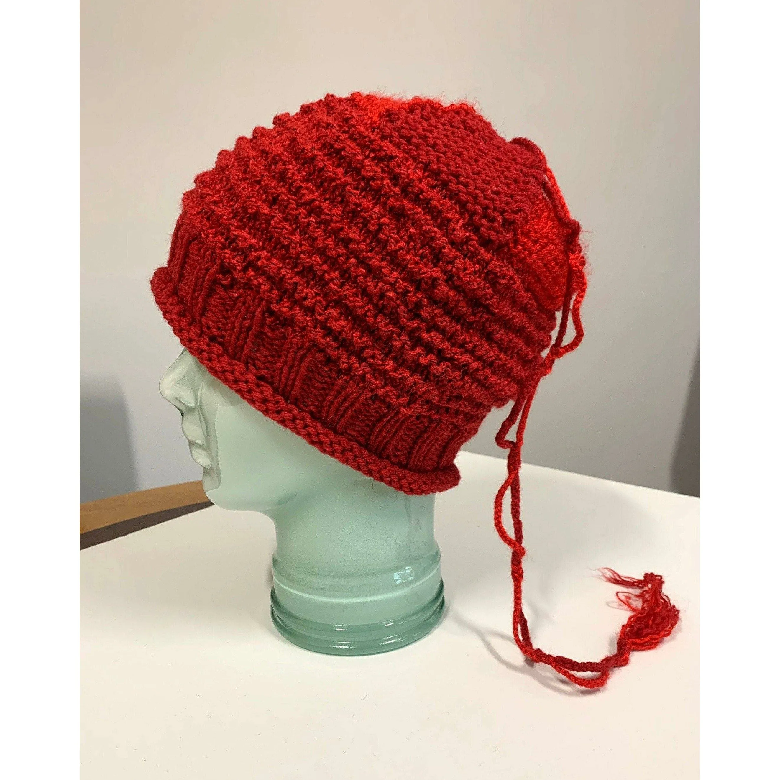 Hand knit red slouchie hat with many textures and fun tail. Vegan = no wool. Freee shipping