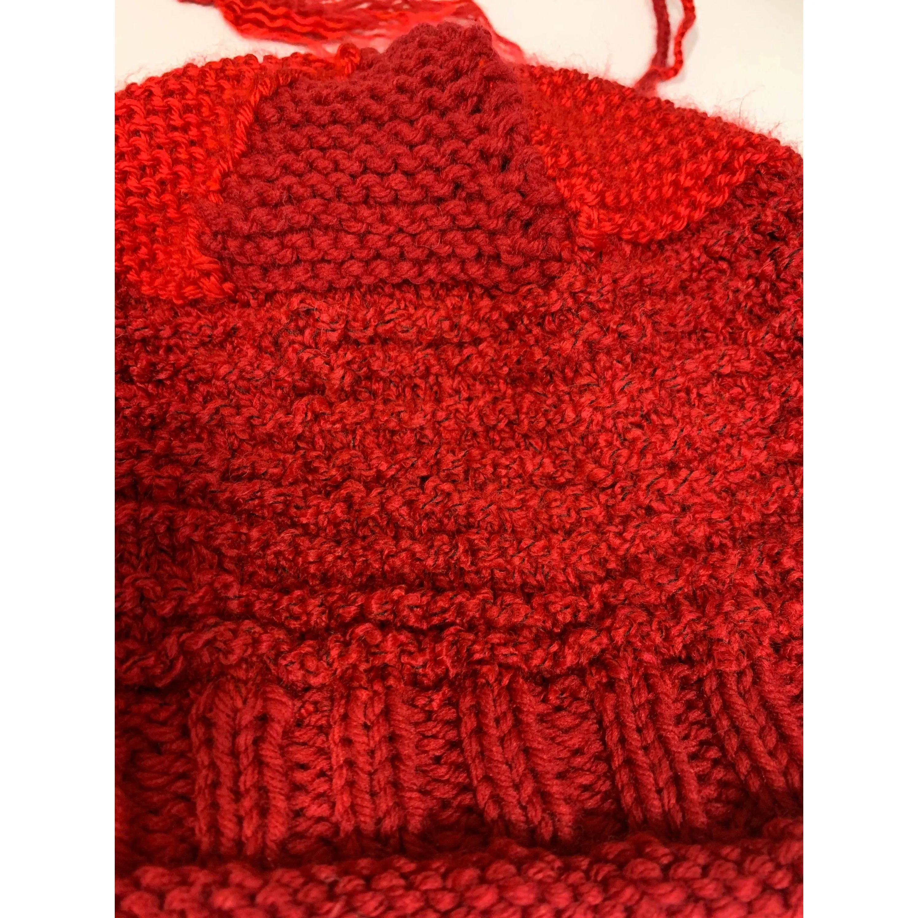 Hand knit red slouchie hat with many textures and fun tail. Vegan = no wool. Freee shipping