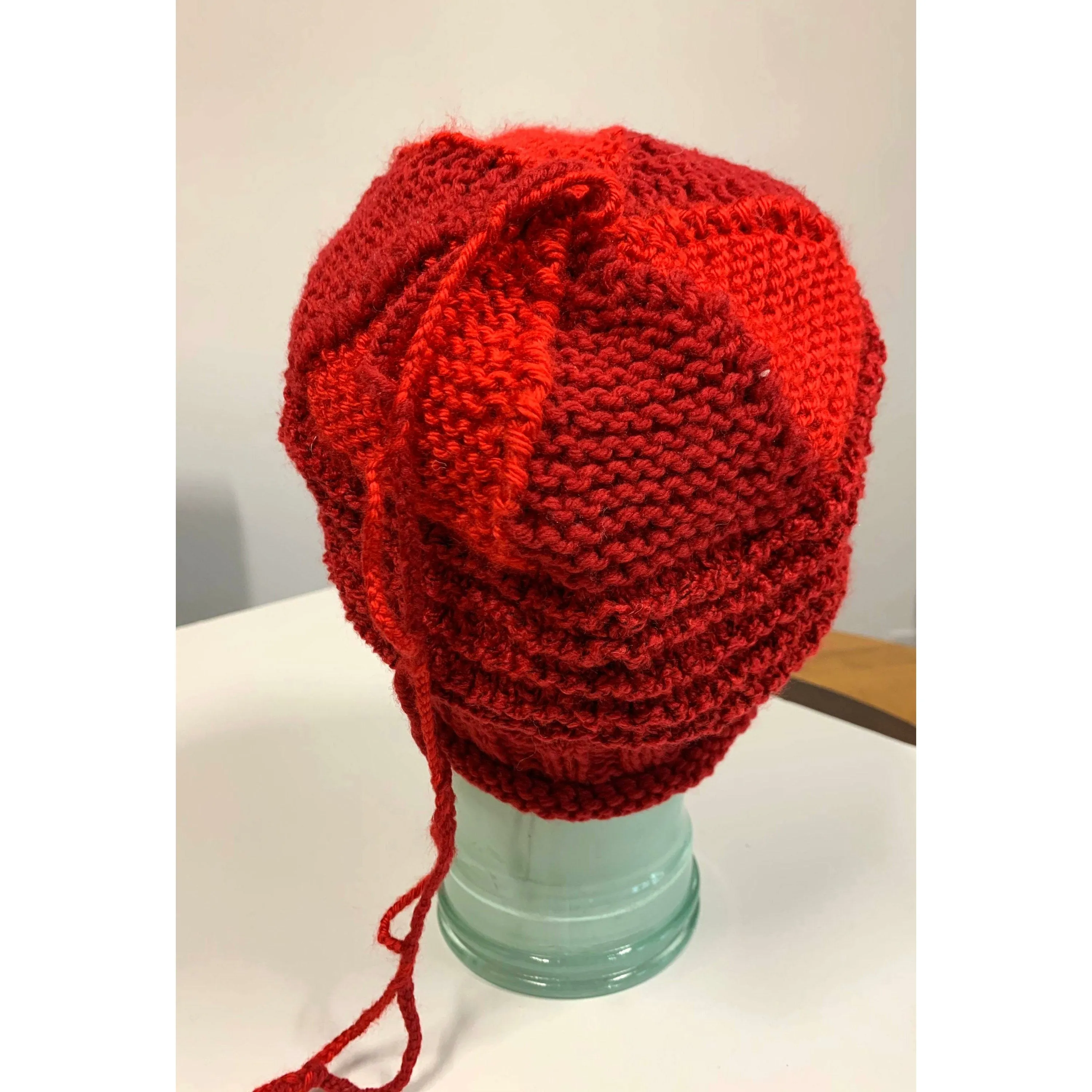 Hand knit red slouchie hat with many textures and fun tail. Vegan = no wool. Freee shipping