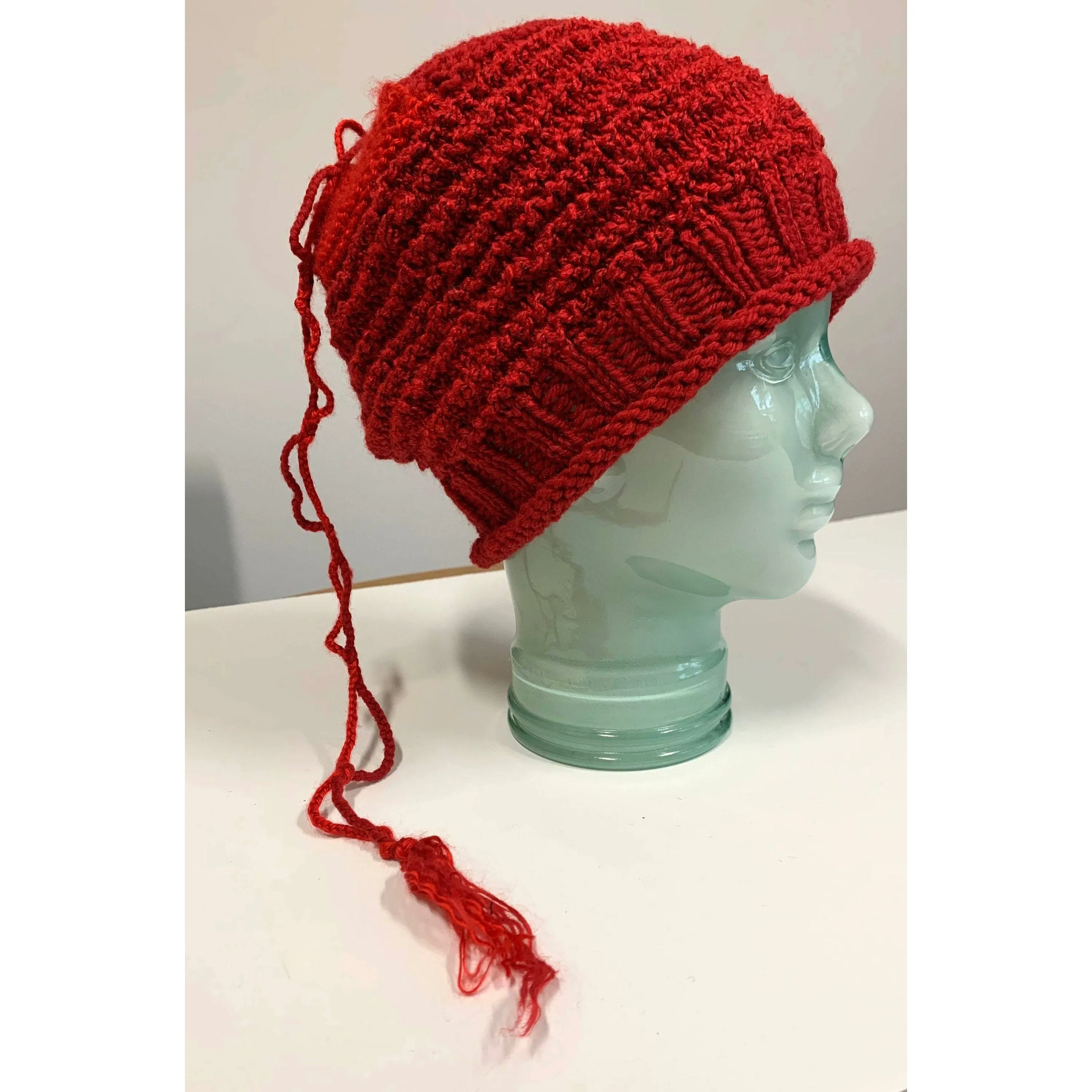 Hand knit red slouchie hat with many textures and fun tail. Vegan = no wool. Freee shipping