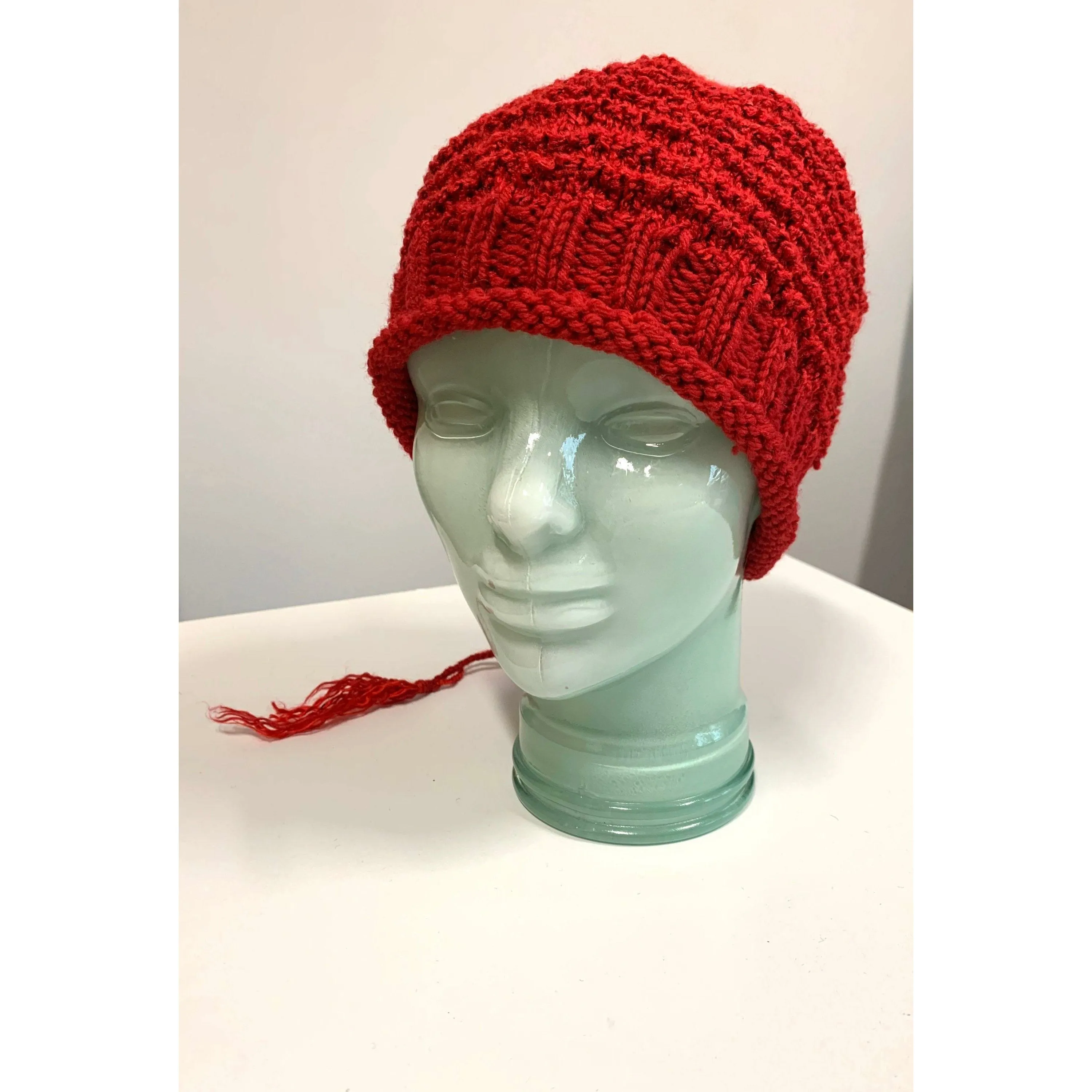 Hand knit red slouchie hat with many textures and fun tail. Vegan = no wool. Freee shipping