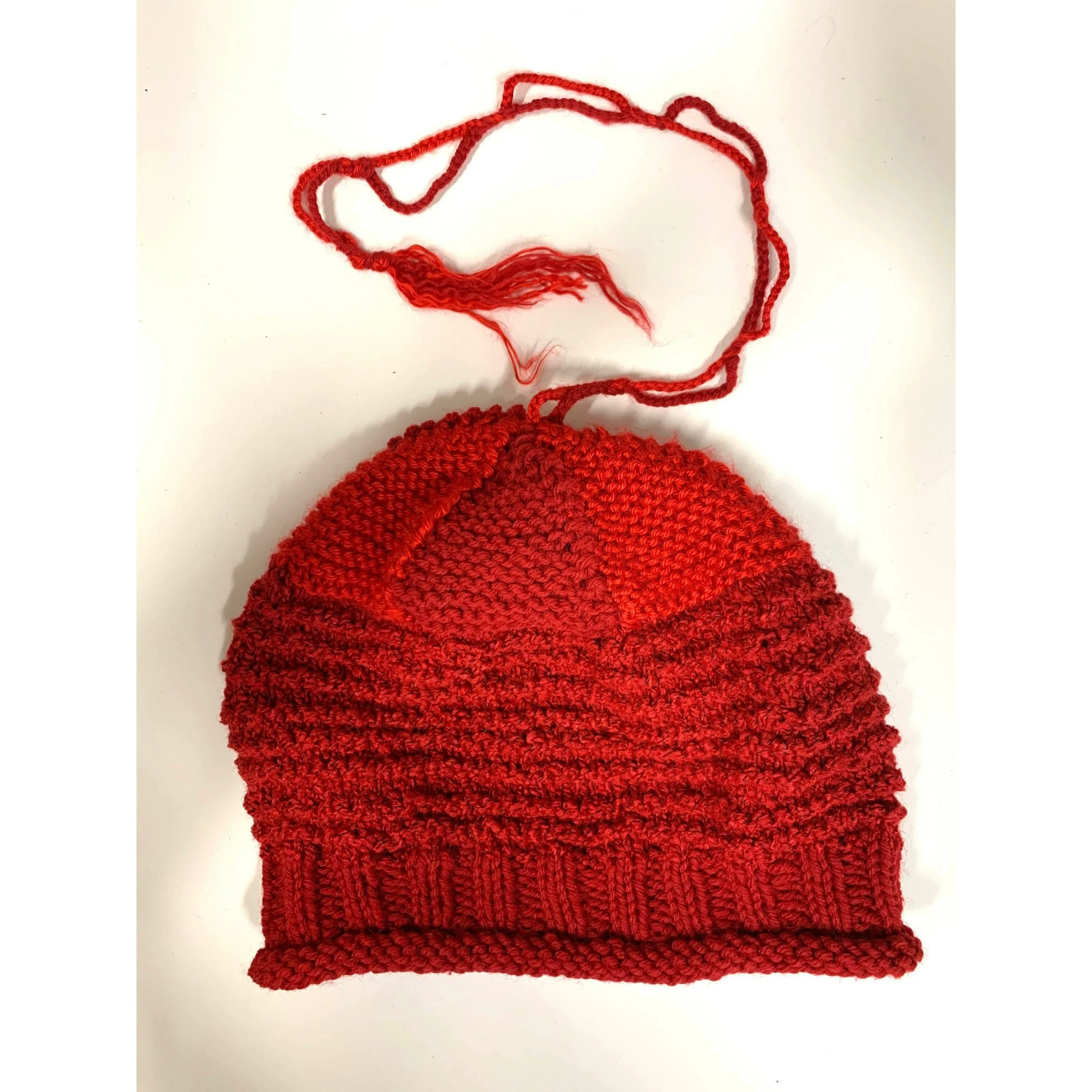 Hand knit red slouchie hat with many textures and fun tail. Vegan = no wool. Freee shipping