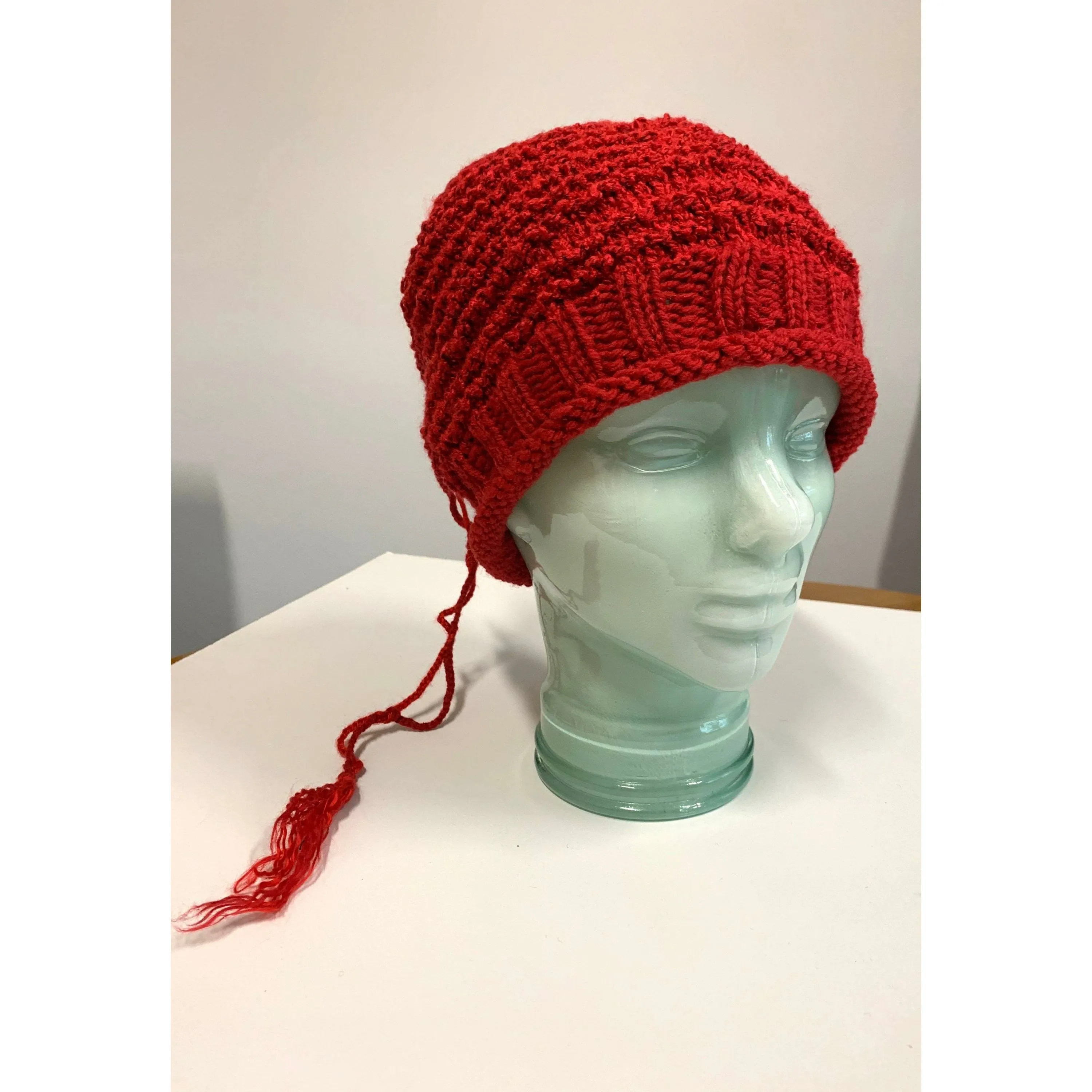 Hand knit red slouchie hat with many textures and fun tail. Vegan = no wool. Freee shipping