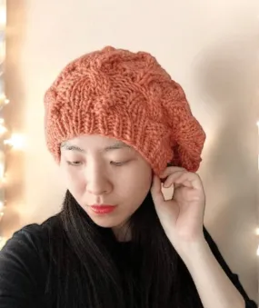 Handknit Cable Slouchy Beanie | Knit Beret | Slouchy Hat in coral orange colour| Knit beanie in peach | Fluffy and cozy winter hat