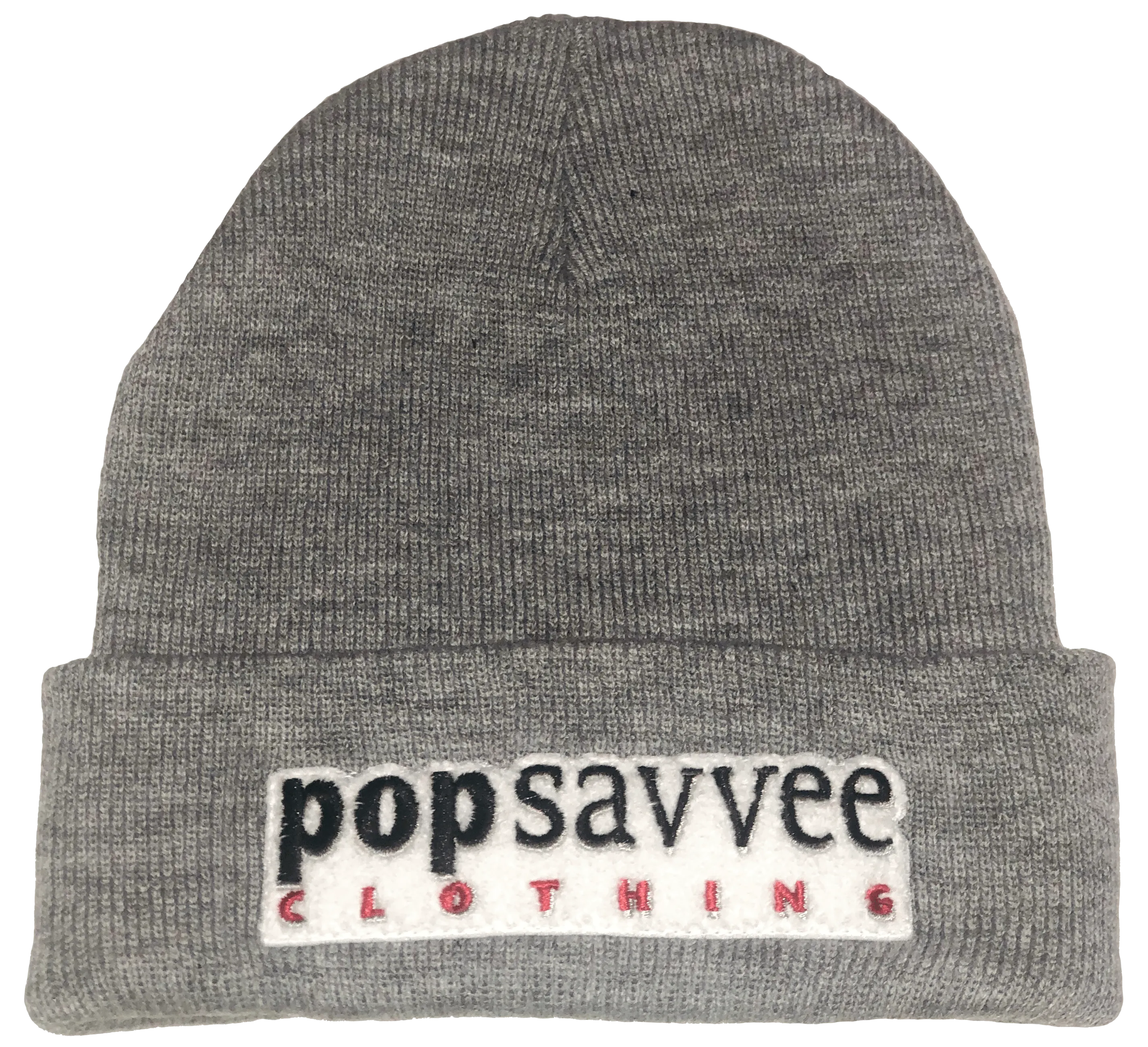 Heather Grey Beanie Hat - “Pop Savvee Clothing” Chenille Embroidery Patches