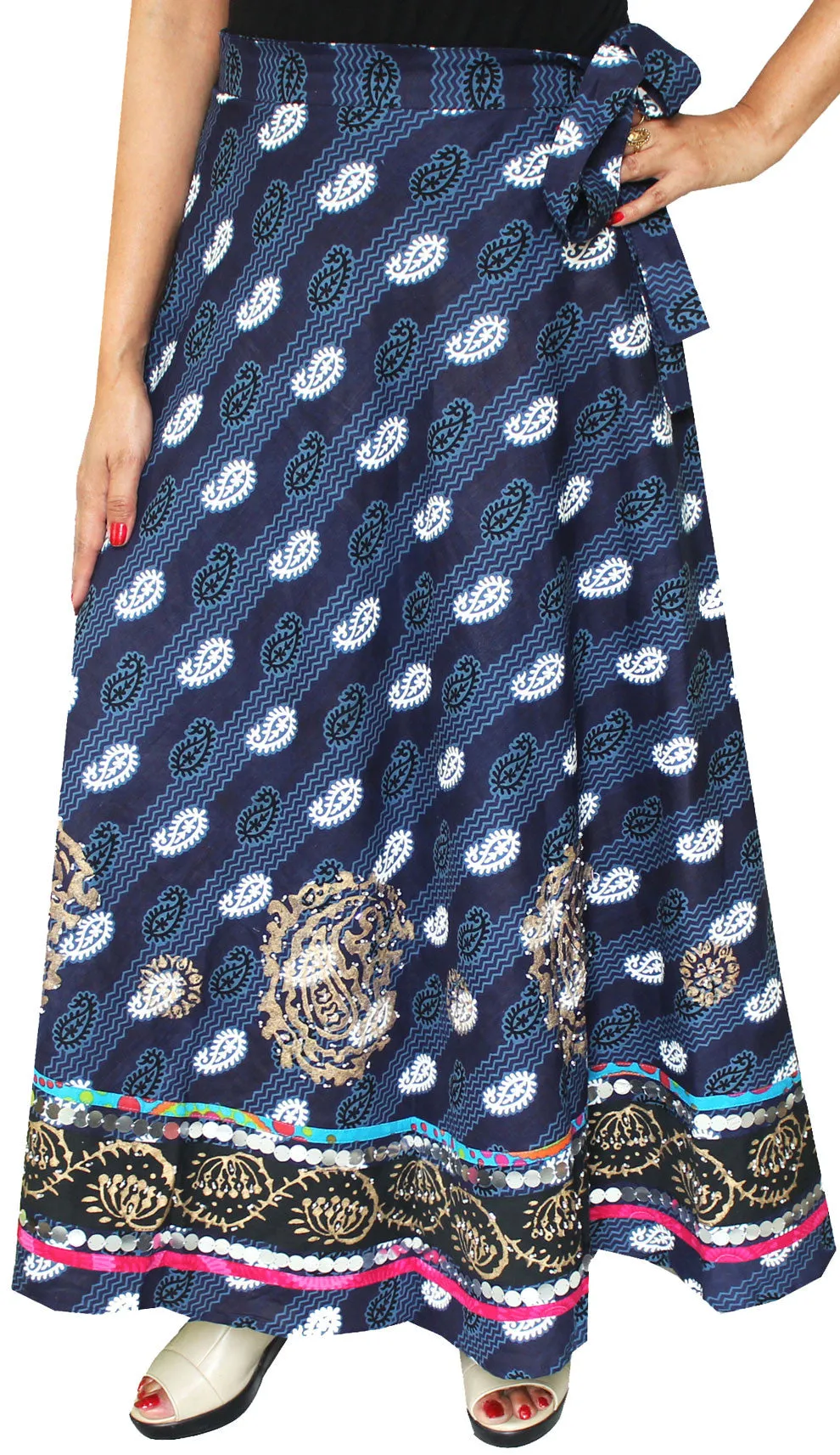 Indian Long Wrap Skirt Cotton Printed Womens Designer Clothes (Blue)