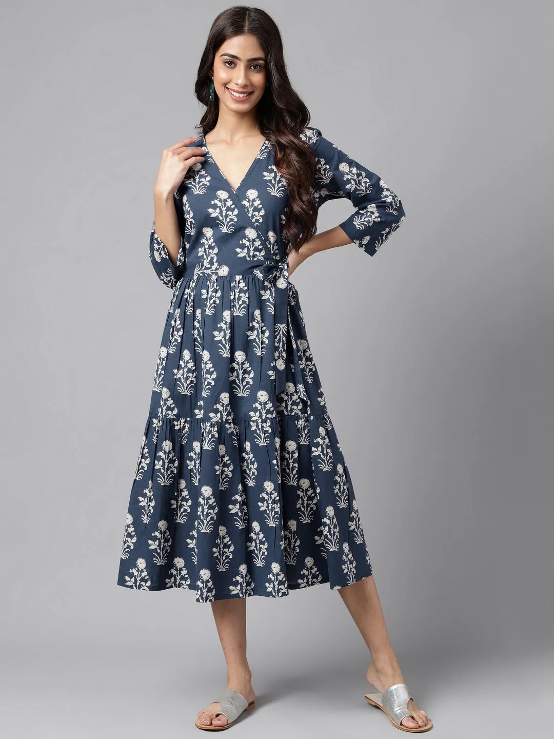 Janasya Navy Blue Floral Wrap Dress