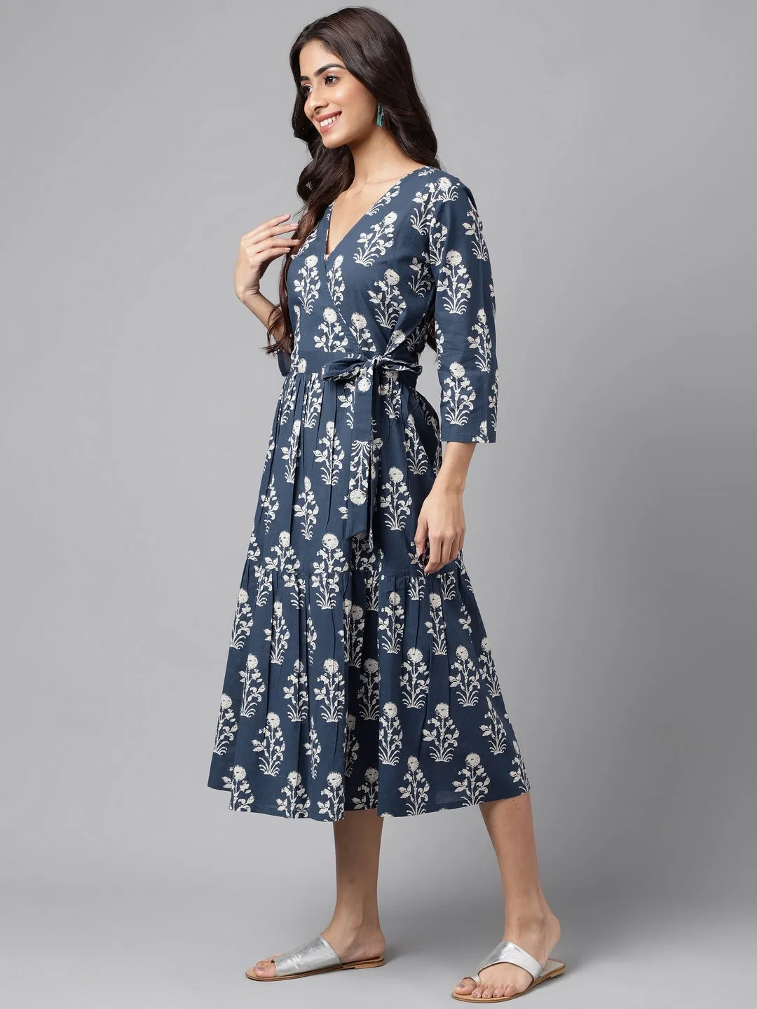 Janasya Navy Blue Floral Wrap Dress