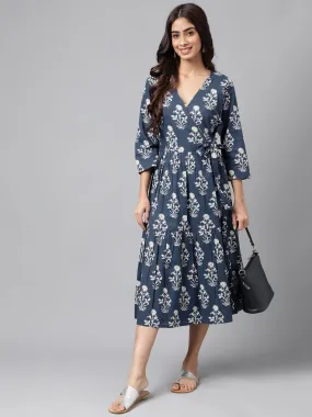 Janasya Navy Blue Floral Wrap Dress