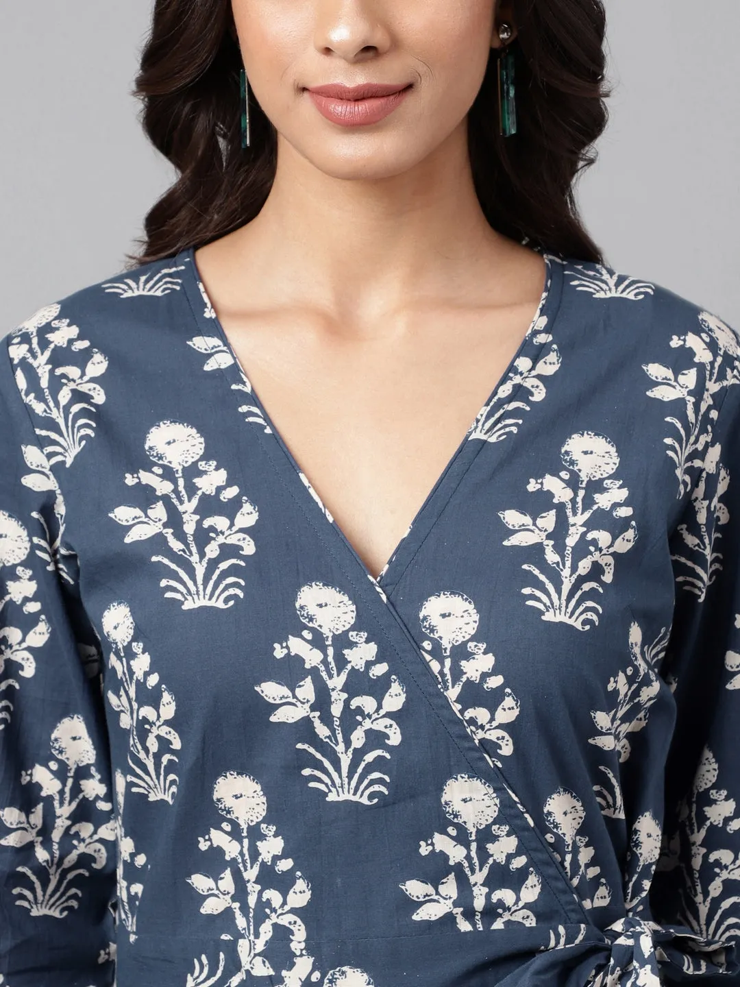 Janasya Navy Blue Floral Wrap Dress