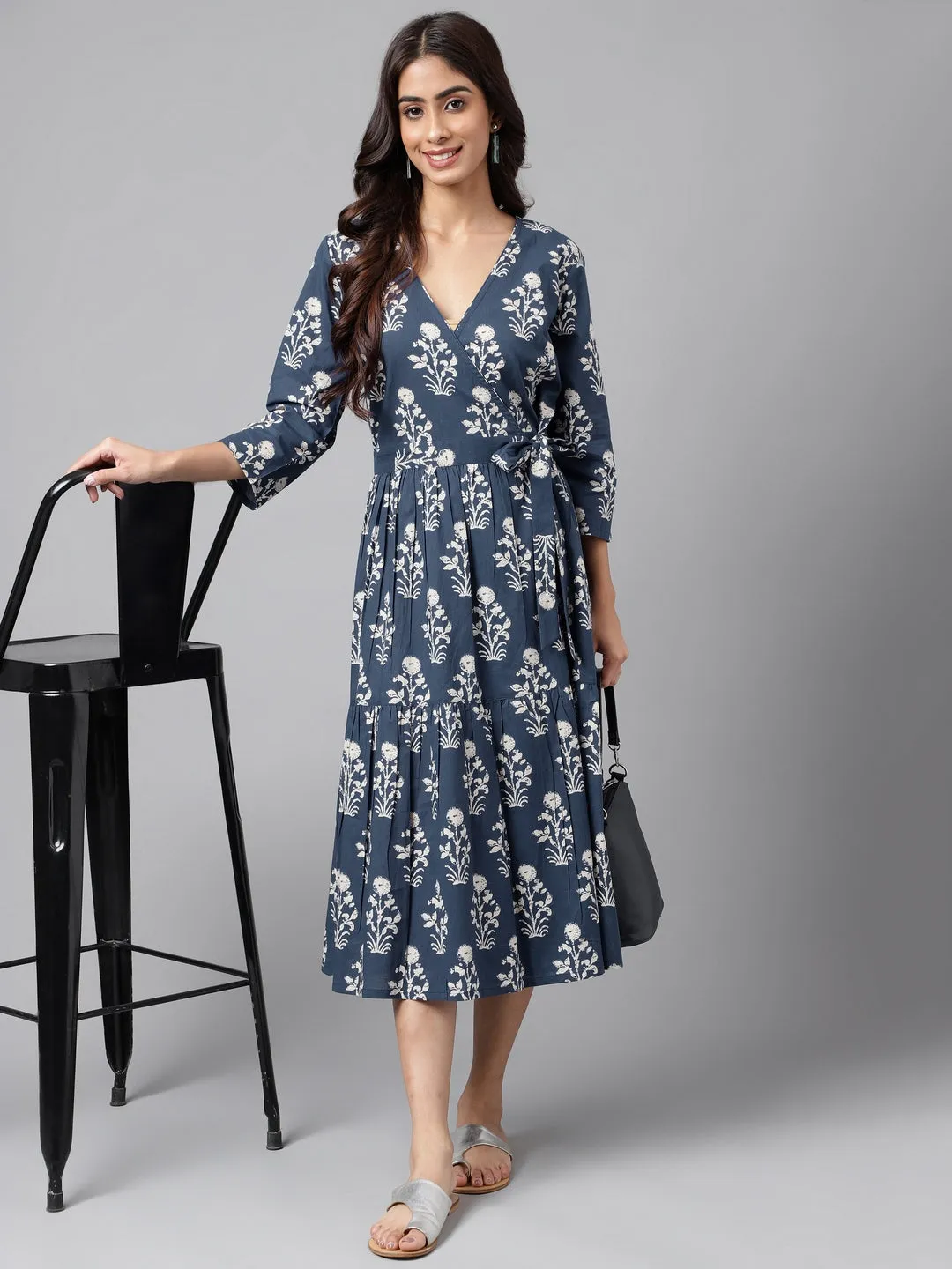 Janasya Navy Blue Floral Wrap Dress