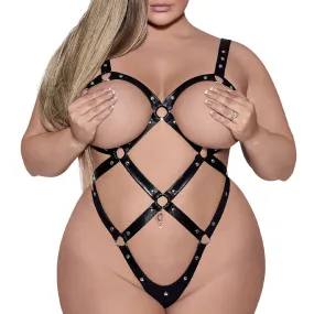 Lust Fetish Contessa Cupless Wet Look Cage Strap Teddy - Curvy