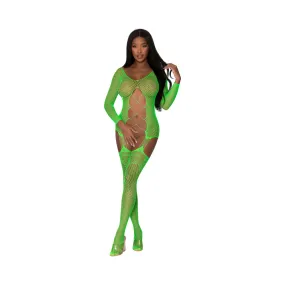 Magic Silk Seamless Fishnet Gartered Catsuit Lime OS