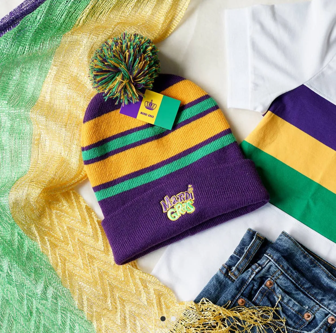 MARDI GRAS POM POM BEANIE