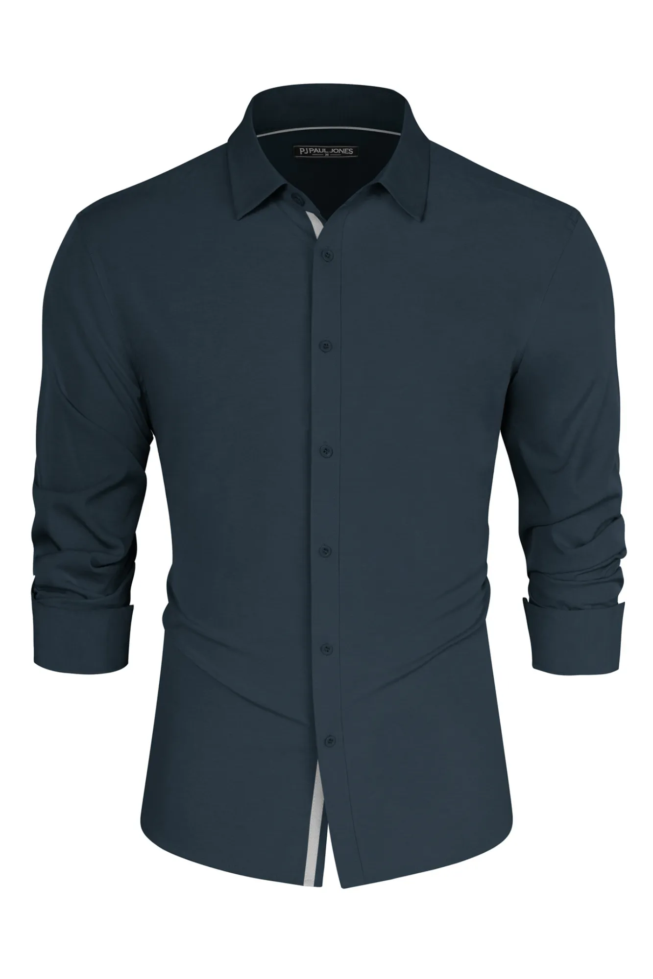 Men Classic Collar Shirt Casual Long Sleeve Curved Hem Button-up Tops