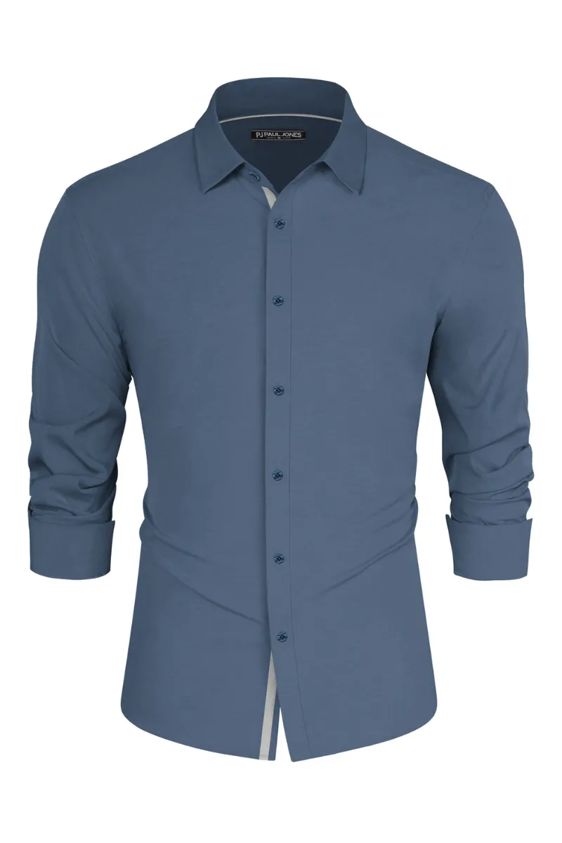 Men Classic Collar Shirt Casual Long Sleeve Curved Hem Button-up Tops