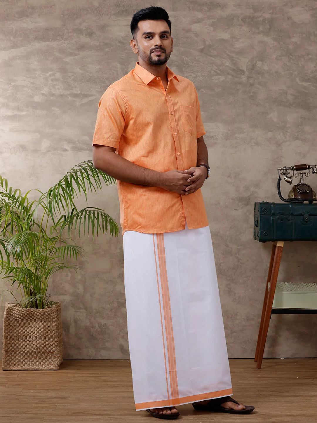 Men Matching Border Dhoti & Shirt Set Half Orange C2