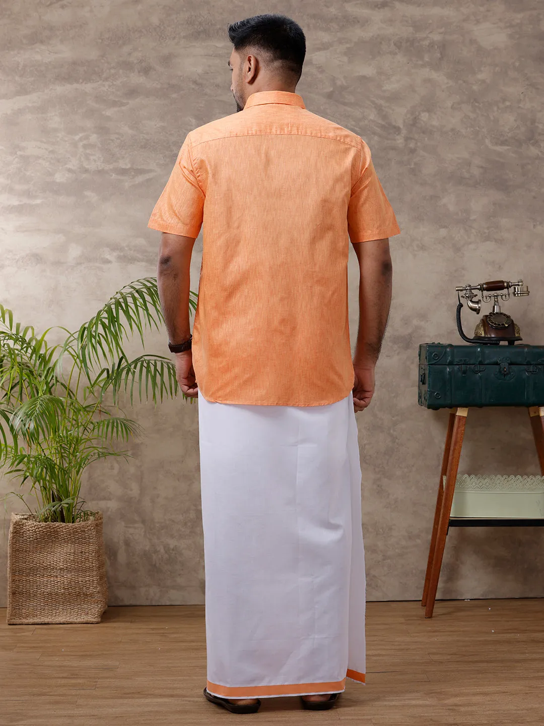 Men Matching Border Dhoti & Shirt Set Half Orange C2