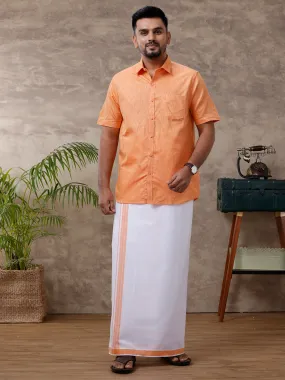 Men Matching Border Dhoti & Shirt Set Half Orange C2