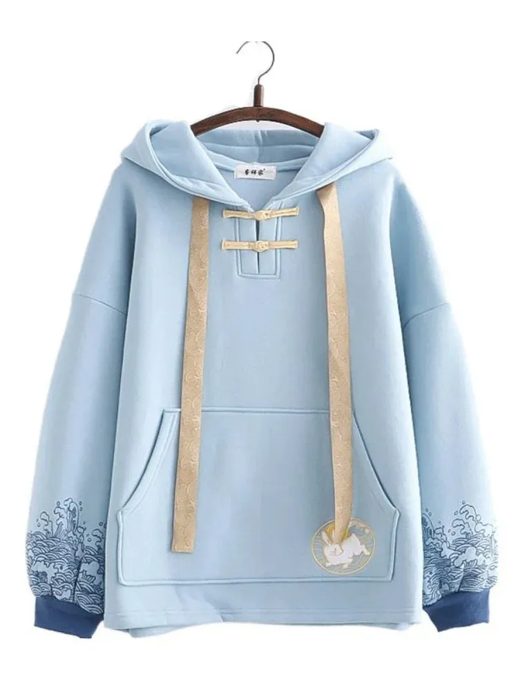 Metaversmall Fleece Women Hoodies Sweet Style Kawaii Rabbit Embroidery Hooded Sweatshirts Winter Harajuku Drawstring Hoody Sweatshirt