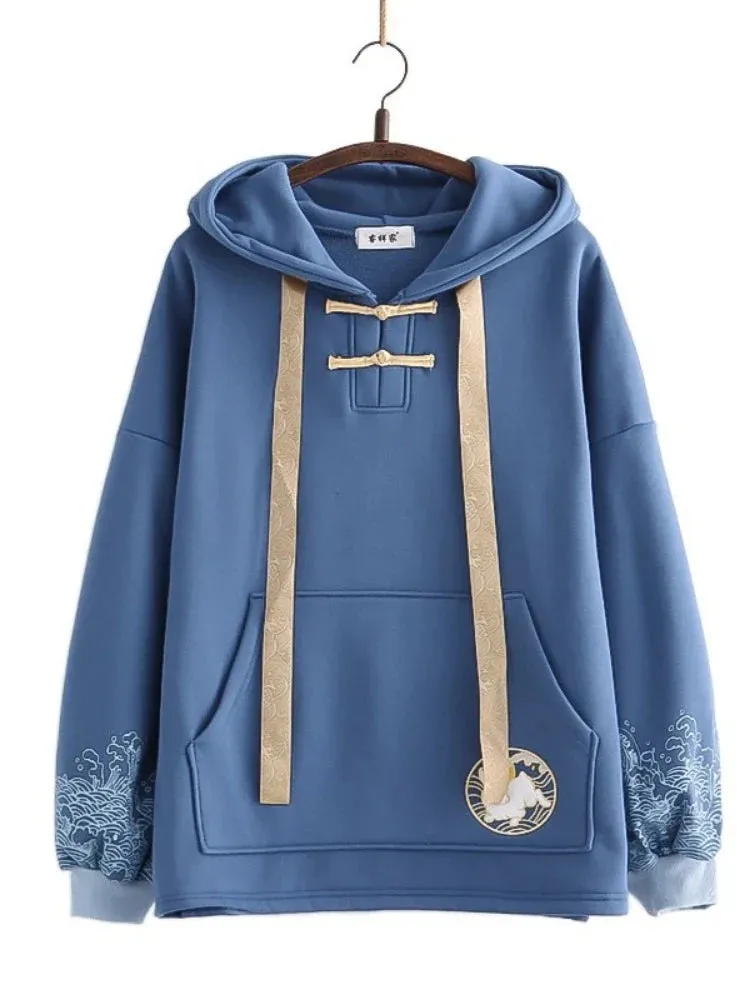 Metaversmall Fleece Women Hoodies Sweet Style Kawaii Rabbit Embroidery Hooded Sweatshirts Winter Harajuku Drawstring Hoody Sweatshirt