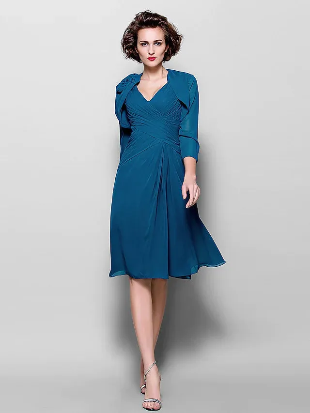 Mother of the Bride Dress Wrap Included V Neck Knee Length Chiffon  Length Sleeve with Criss Cross Side Draping Flower