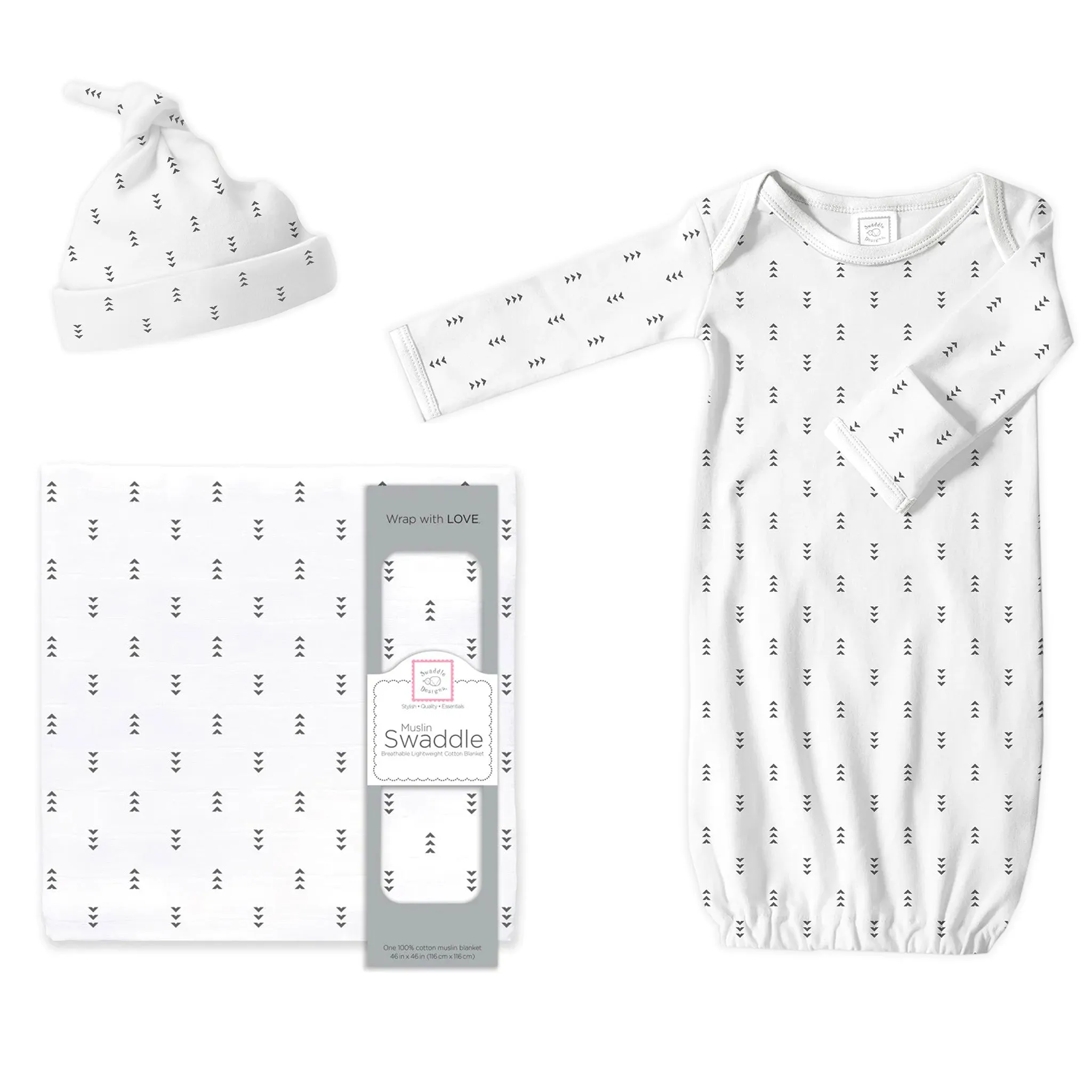 Muslin Swaddle, Pajama Gown and Hat Gift Set - Tiny Arrows, Sterling, Newborn