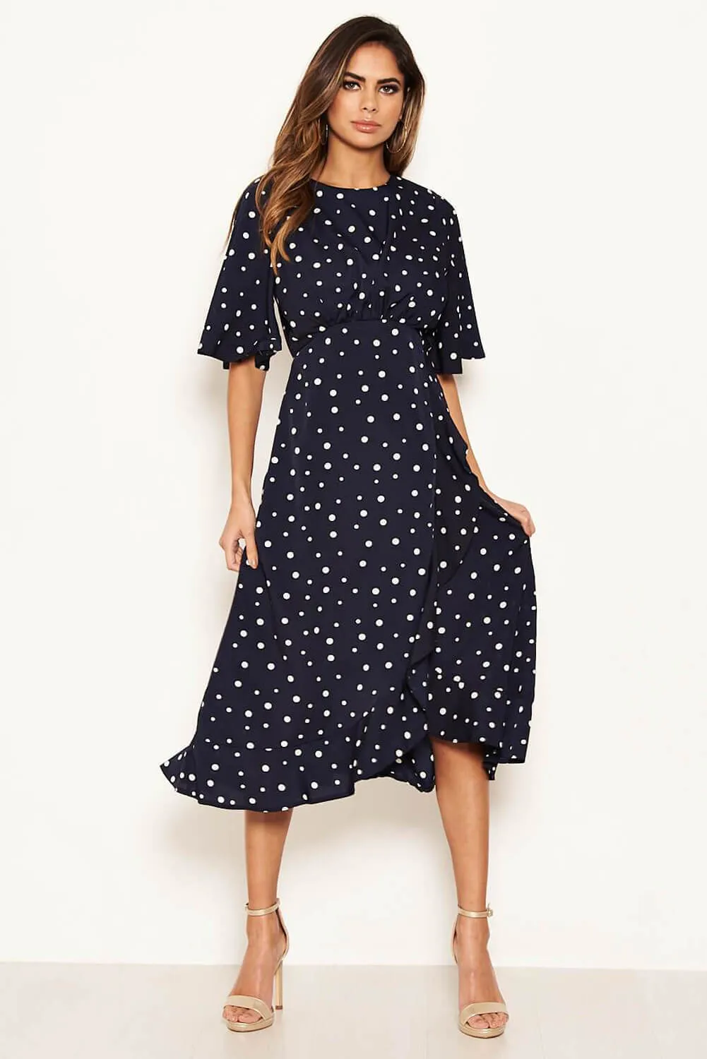 Navy Polka Dot Wrap Frill Midi Dress