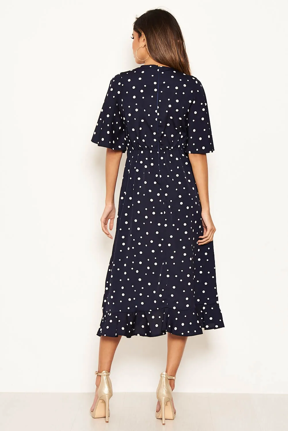 Navy Polka Dot Wrap Frill Midi Dress