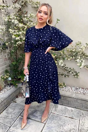 Navy Polka Dot Wrap Frill Midi Dress