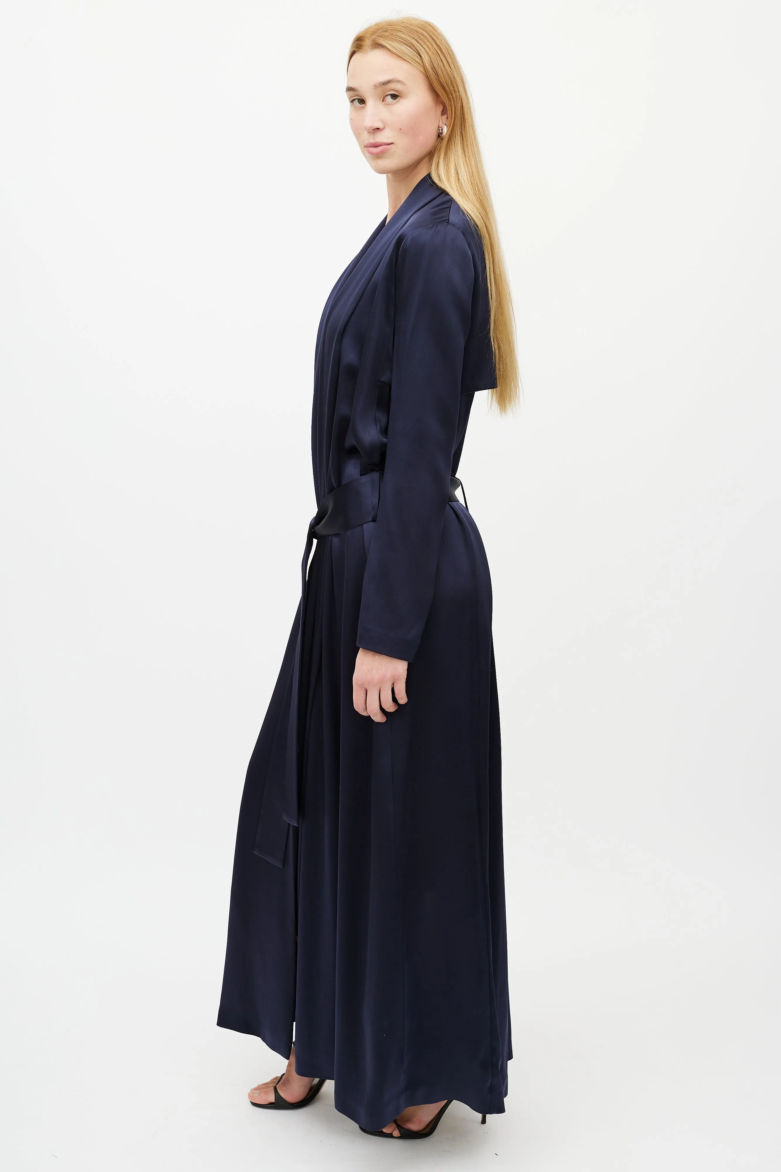 Navy Silk Belted Coat