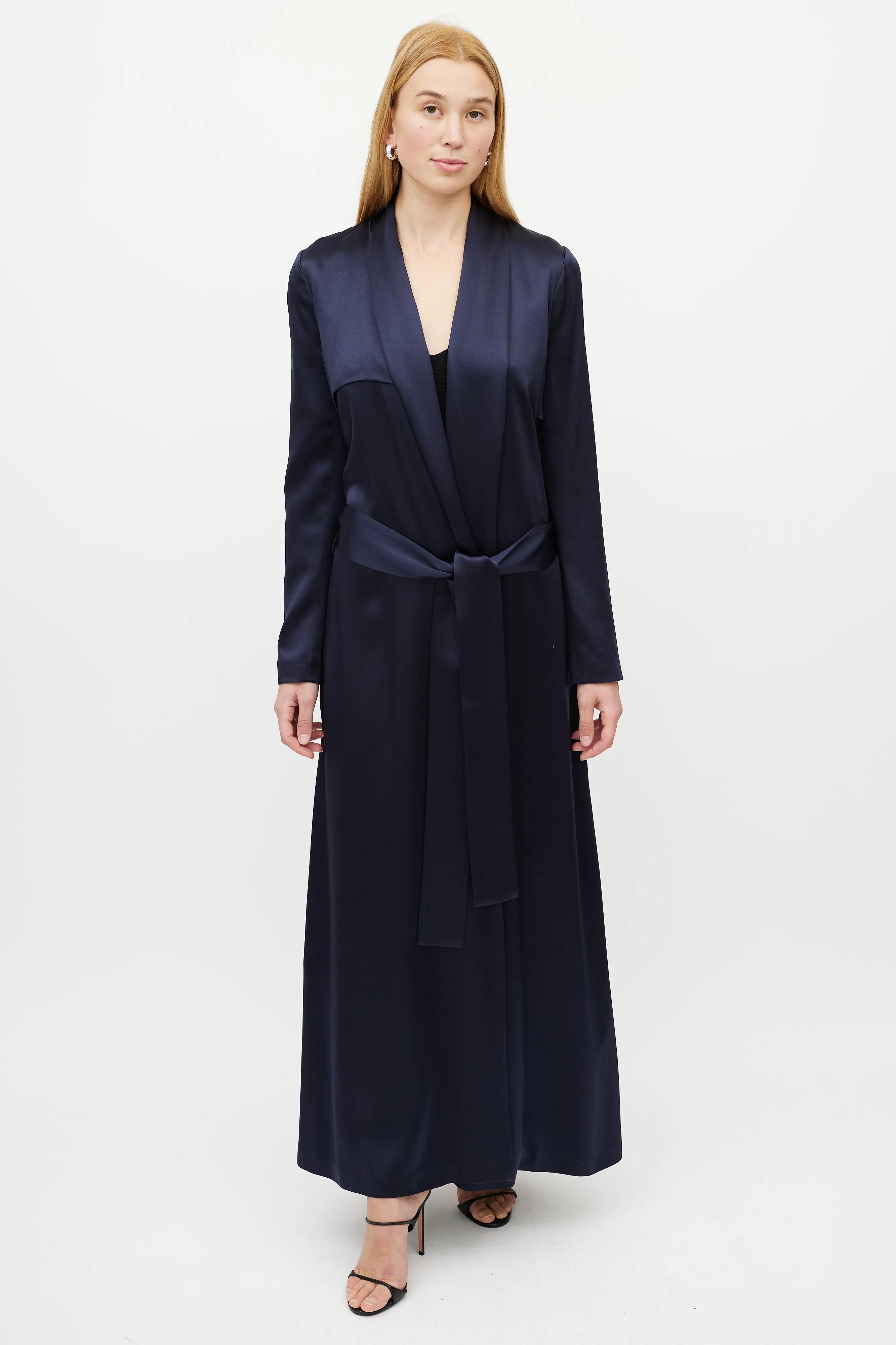 Navy Silk Belted Coat