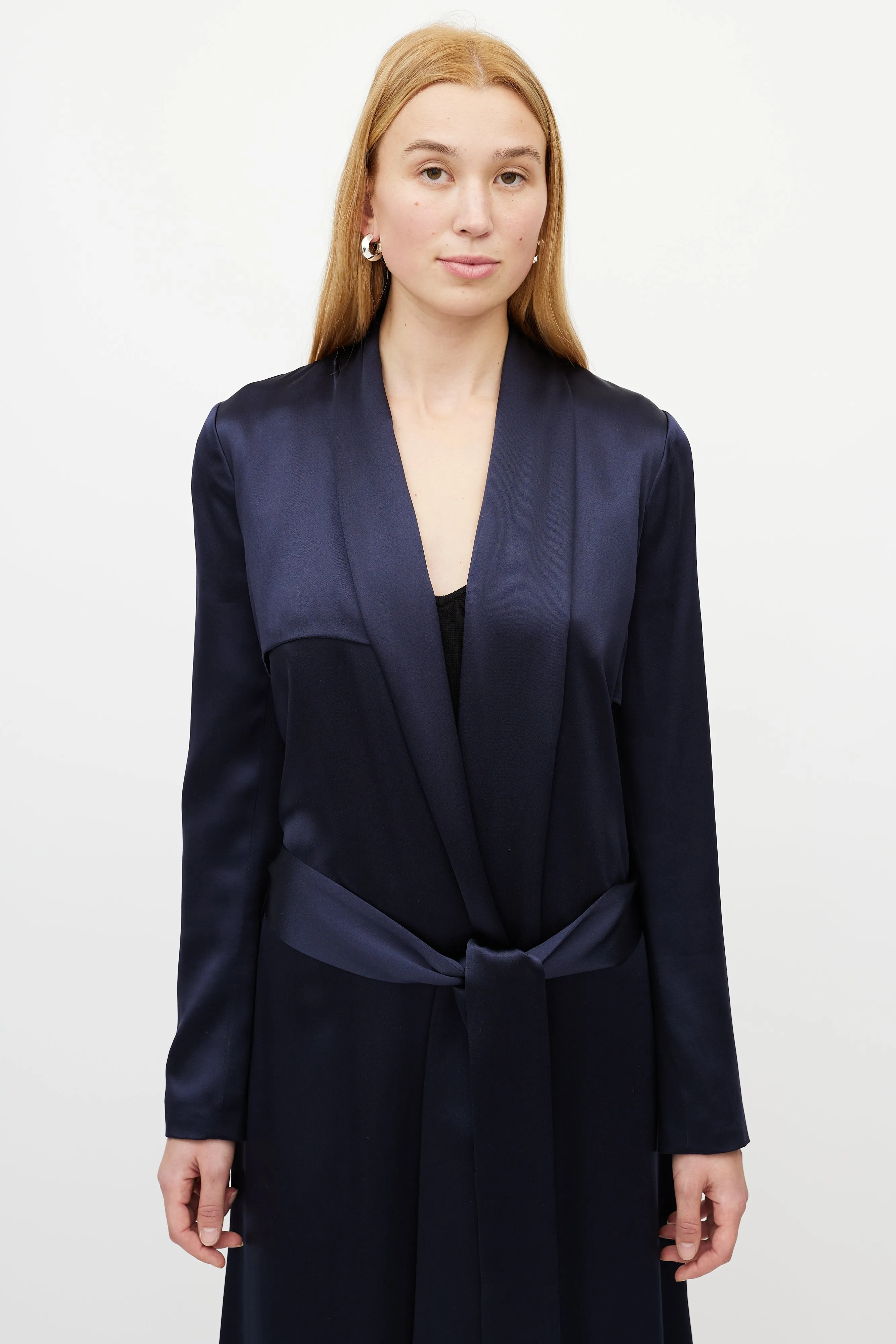 Navy Silk Belted Coat