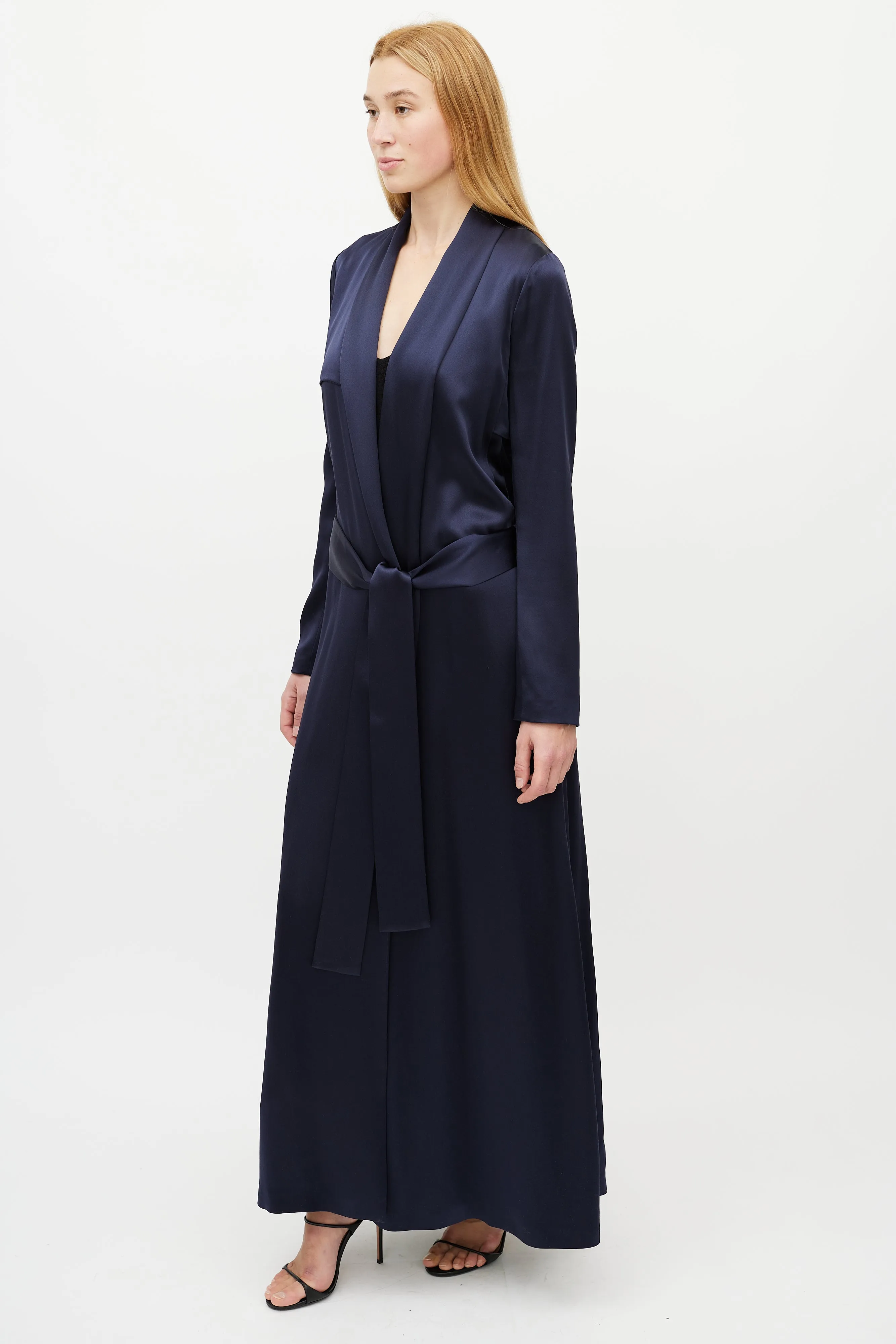 Navy Silk Belted Coat