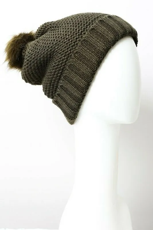 Olive Pom Faux Sherpa Lined Knit Beanie Winter Womens Hat