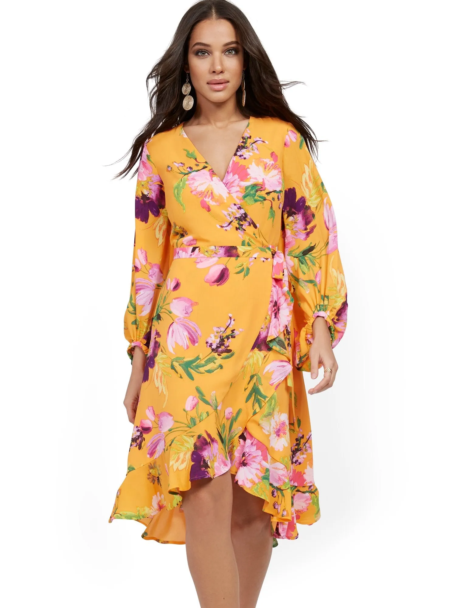 Orange Floral Wrap Dress