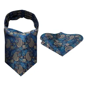 Paisley Floral Ascot Handkerchief Set - A-AQUA/BROWN