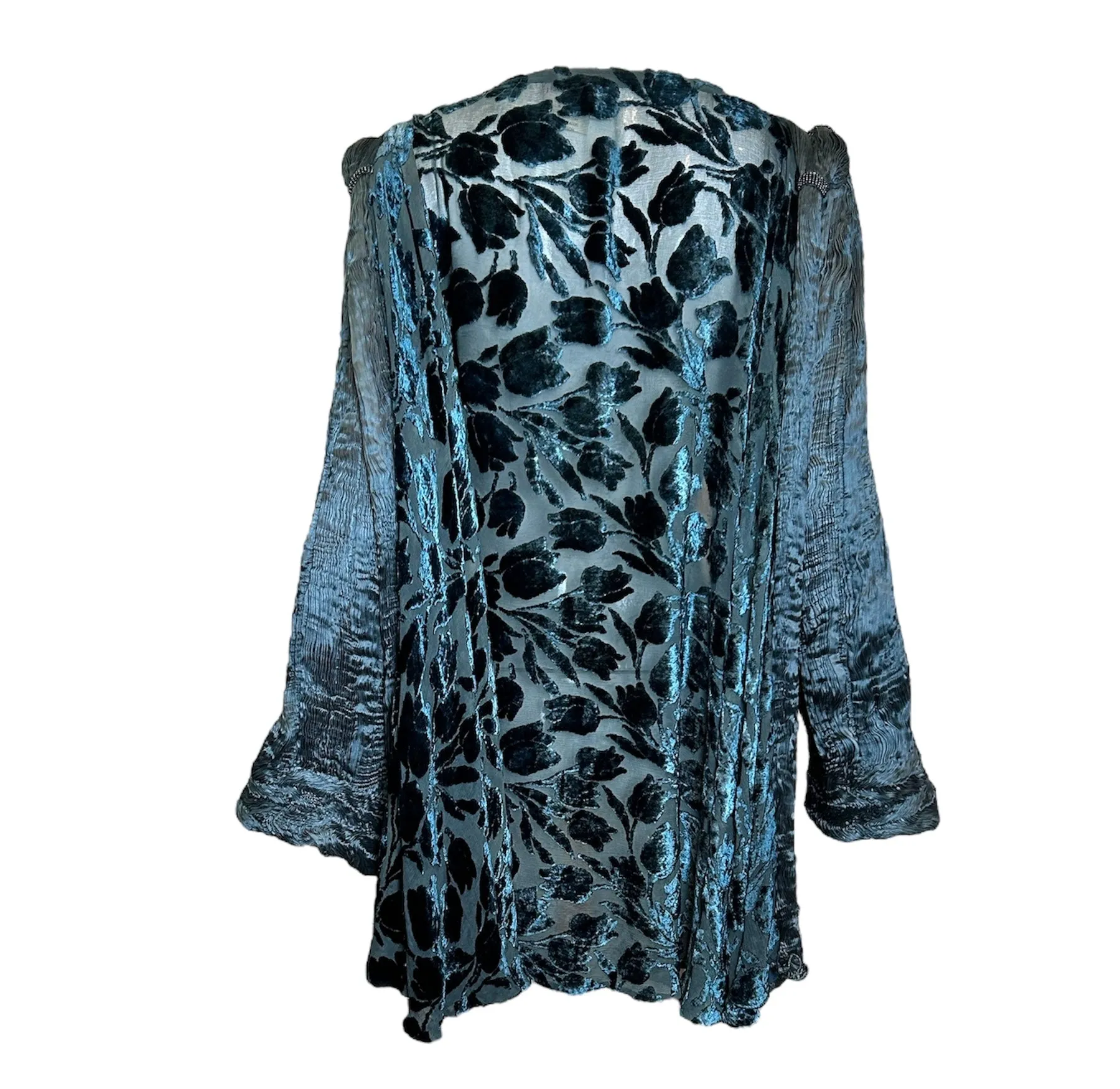 Patricia Lester 80s Silk Pleated & Velvet Teal Evening Coat