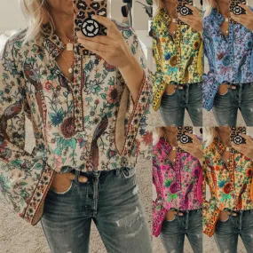 Peacock Print Loose Long Sleeve Boho Shirt