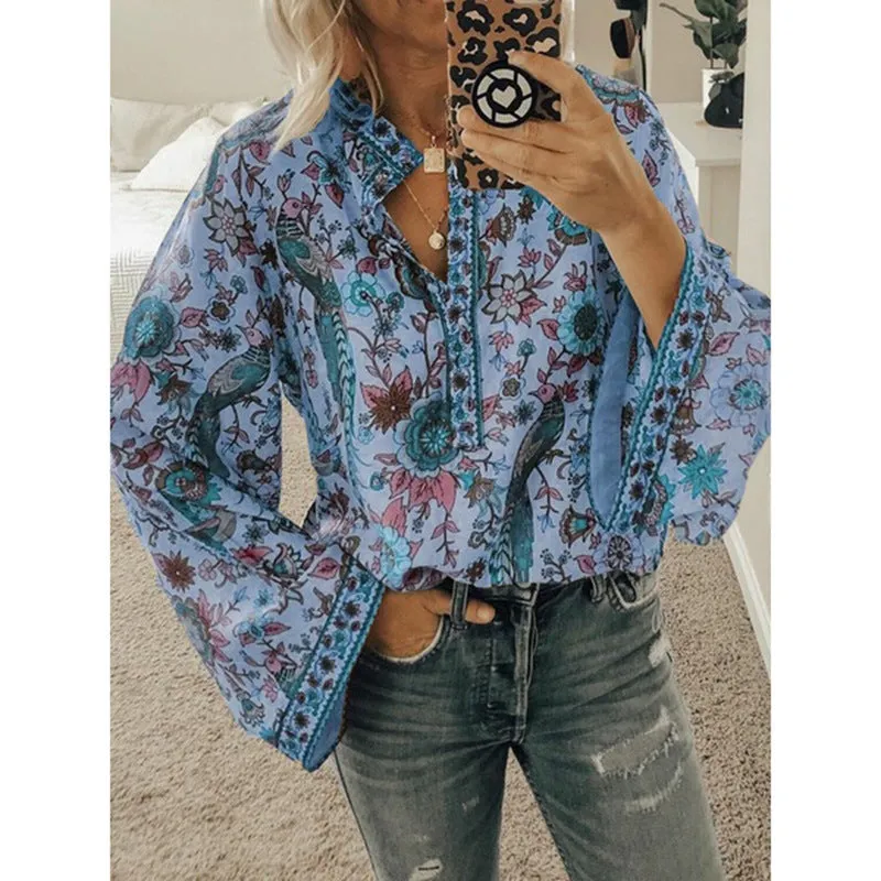 Peacock Print Loose Long Sleeve Boho Shirt