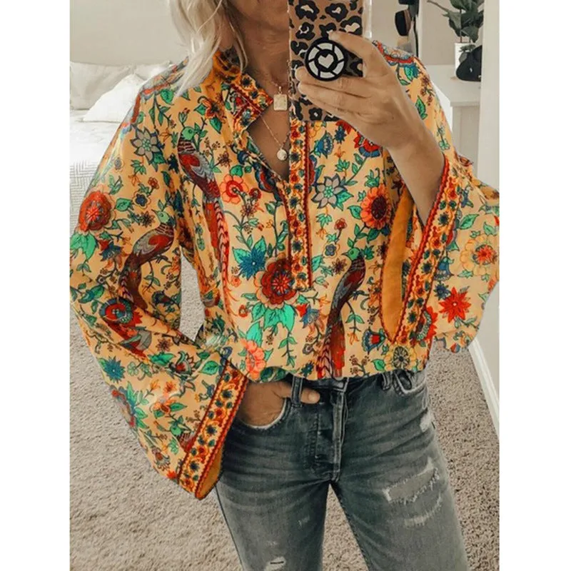 Peacock Print Loose Long Sleeve Boho Shirt