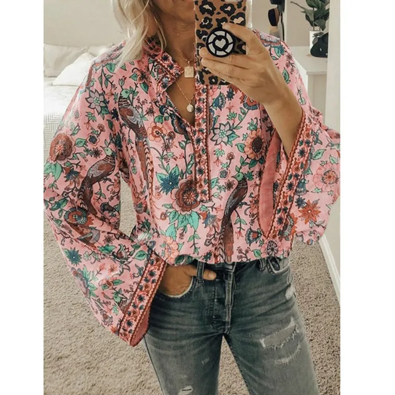 Peacock Print Loose Long Sleeve Boho Shirt