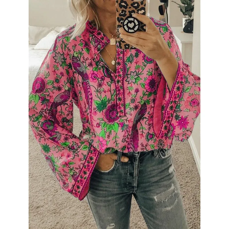 Peacock Print Loose Long Sleeve Boho Shirt