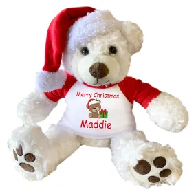 Personalized Christmas Teddy Bear - 13" Vera Bear with Santa Hat, Pearly White